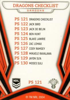 2023 NRL Traders Titanium - Pearl Special #PS121 St. George-Illawarra Dragons Checklist Back